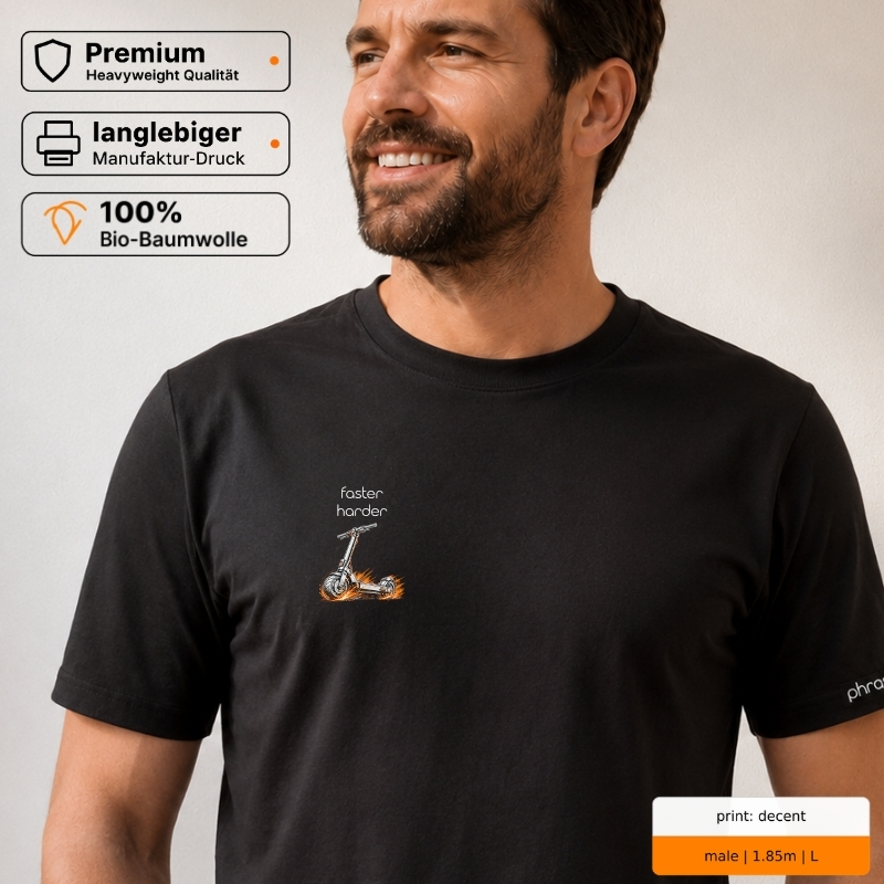 Premium T-Shirt „faster harder“ mit E-Scooter-Motiv